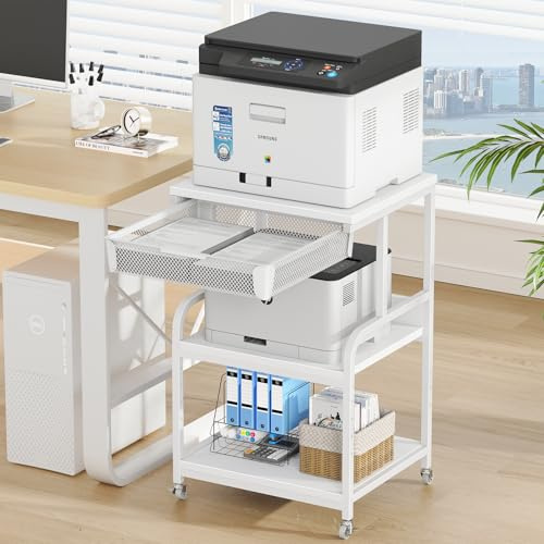 AMLANCHER 3-Stufiger Druckertisch mit Rollen und Ablageschublade 50x40x82cm, 5 Einstellbar Höhen, Mobiler Druckerständer für Zuhause, Büro & Schule, 3D-Drucker/Scanner/Fax, Weiß