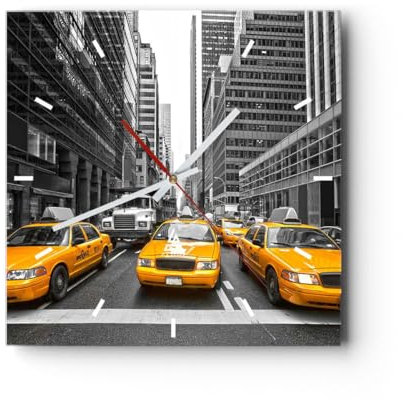 Modern Wanduhr Taxi Stadt Straße Transport 30x30cm Quadrat Klein Wand Uhr Glas Analog Zimmeruhren Küche Büro Wohnzimmer Glasuhr Wall Clock Dekoration Design Wanddekoration Küchenuhr C3AC30x30-2695