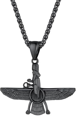 U7 Herren Damen Halskette mit Faravahar Anhänger Edelstahl Farohar Forouhar Anhänger mit Weizenkette/Rolokette Iranische Persische Kettenanhänger Zoroastrismus Modeschmuck für Geburtstag Jahrestag