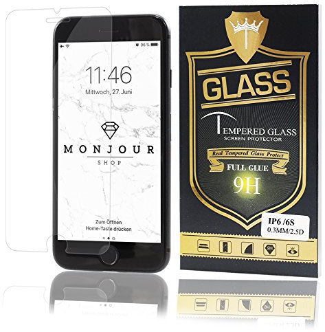 monjour kompatibel mit iPhone 6 6S Handy Panzerglas Klar 9H 2.5D Display Schutz Glas Folie - 0.3mm [+Geschenkbox] [Hüllenkompatibel, Blasenfrei, 3D Touch, Anti-Fett, Kratzfest]