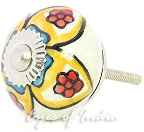 Eyes of India - Set of 2 Yellow Red Blue Ceramic Cabinet Door Dresser Cupboard Knobs Pulls Shabby Chic Decorative Colorful Boho Bohemian Accent Handmade