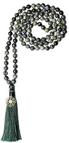 COAI Unisex Handgeknüpft 108 Mala Yoga Kette Buddhistische Halskette Gebetskette aus Zebra Jasper mit Quaste und Kompass Charm