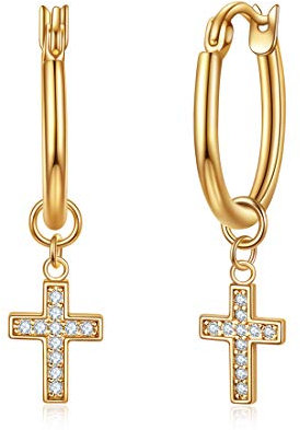 Huggie Creolen mit Mond/Stern Charms, rhodiniert mit Zirkonia & Opal Ohrhänger, Schmuck Geschenk für Frauen (14 Karat Goldkreuz Charm)