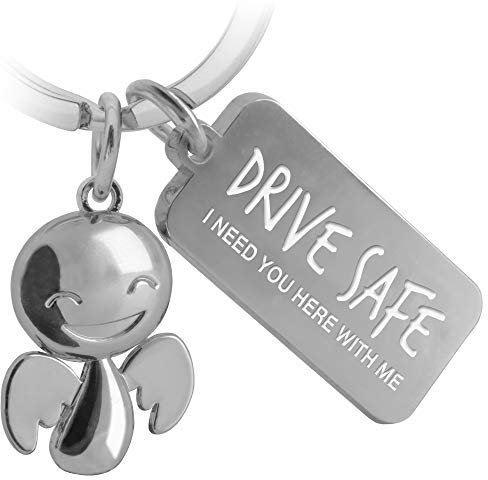 FABACH Schutzengel Schlüsselanhänger Happy mit Gravur - Niedlicher Auto Schlüsselanhänger mit Botschaft aus Metall für Autofahrer - Geschenk Glücksbringer Auto Führerschein - Drive Safe