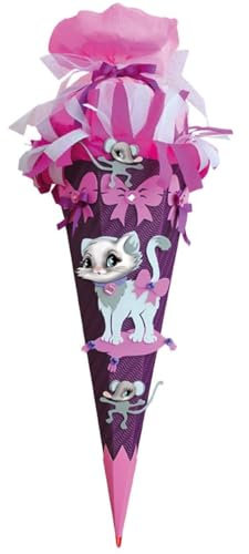 BASTELSET Schultüte - Kätzchen mit Maus - 85 cm - mit Holzspitze - Zuckertüte Roth - ALLE Größen - 6 eckig Mädchen Katze Tiere Katzen Stubentiger Tier VIO..