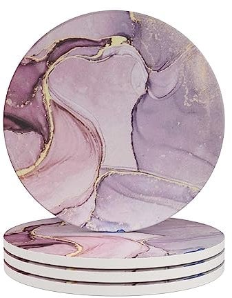 HAOCOO Lot de 4 sous-Verres Ronds en Pierre absorbante avec Base en liège et Pierre en céramique, Dessous de Verre décoratif pour Tasses et Tasses。Paquet de 4 (Marbre coloré, Paquet de 4)