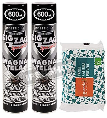 ZIG ZAG 2XSpecialist MAGNA TELA Insetticida per ragni impedisce la formazione di ragnatele 600ml+ più 20 pezzi panni cattura polvere.