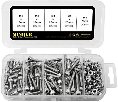 Lote de 160 tornillos hexagonales M4 y tuercas de acero inoxidable 304-10 mm, 16 mm, 20 mm, 25 mm