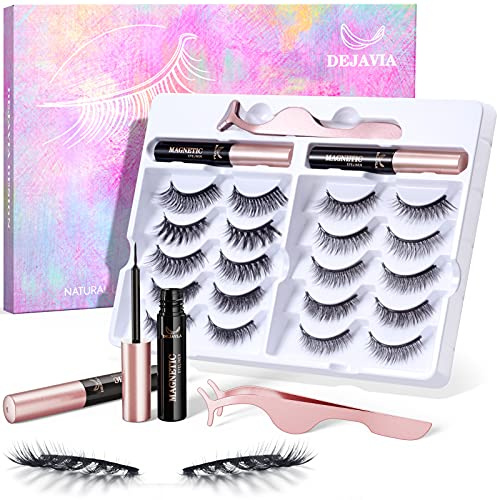 DEJAVIA Magnetic Lashes [10 Pairs], Premium Natural Looking, Reusable Lightweight Wispy Strong Magnetic Eyelashes with Applicator and Tweezers, No Glue Needed