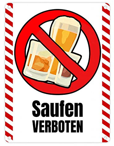 Saufen verboten Verbotsschild im Comic-Stil in Flatterbandoptik kein Alkohol Hinweisschild Alkoholverbot Warnschild Metallschild in 15x20 cm für alle die etwas gegen Alkoholgelage