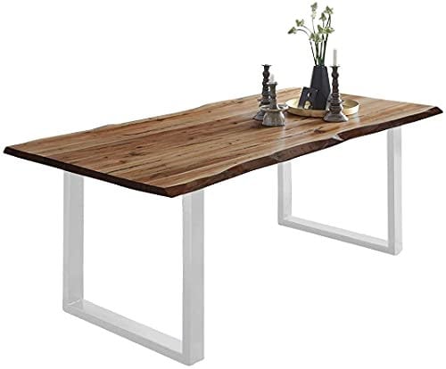 SAM Baumkantentisch 140x80 cm Mephisto, Akazienholz massiv + naturfarben lackiert, Esstisch mit weiß lackiertem U-Gestell, Esszimmertisch/Holztisch, Tischplatte 26 mm