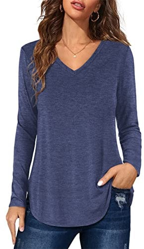 Ladies Blouses Casual Long Sleeve Tunic Tops V Neck Longline Basic T-Shirt Royal Blue Size 12 14
