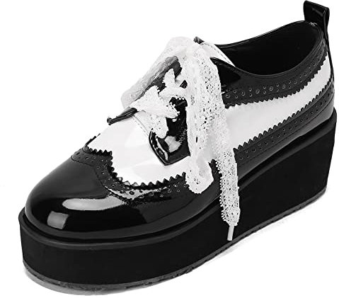 Lizoleor Donna Cordoncino Moda Vernice Richelieu Plateau Zeppa Scarpe Closed Toe Casuale Scarpe Stringate Basse Classico Ufficio Scarpe Nero&Bianco Numero 34 EU