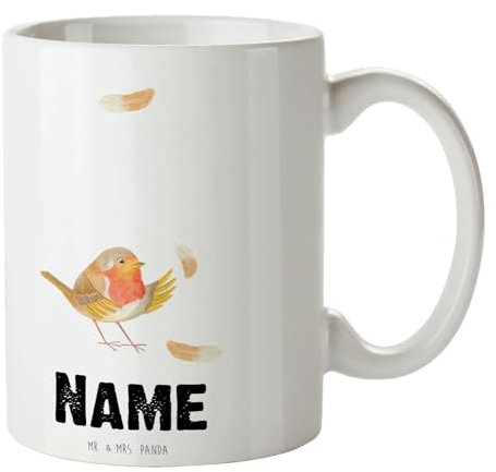 Mr. & Mrs. Panda Personalisierte Tasse Rotkehlchen Federn - Personalisierte Geschenke, lustige Sprüche, Tiere, Namenstasse, Spruch Motivation,