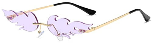 YUELUQU Feuer Flamme Sonnenbrille für Frauen Rimless Party Nette Abschlussball Halloween Gläser Mode Welle Rimless Gläser Für Frauen Männer... (Lila)