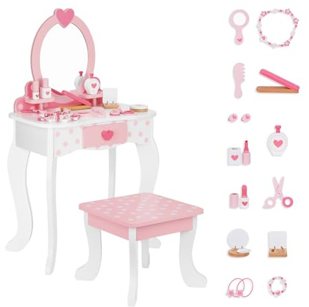 OOOK Kids Vanity Set,Table & Chair Vanity Set with Mirror(Includes 15 pcs Multiple Make up Accessories, Makeup Dressing Table with Storage Drawer, Pink