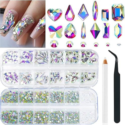 2680Pcs AB Nail Rhinestones, 120Pcs Big Colorful AB Nail Charms, Diamond Gems Stones with 2560Pcs AB Flatback Round Beads, Clear Acrylic Colored Glass Jewelry for Nails Faces Eyes Makeup Decoration