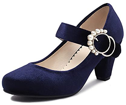 elerhythm Damen Mary Janes 1920er Jahre Retro Block Samt Heels Gatsby 1950er Vintage geschlossene runde Zehenpartie Perlenschnalle Knöchelriemen Pumps Schuhe (Blau EU37)