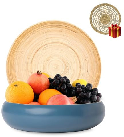 BaydenB Frutero decorativo de bambú hilado con cargador adicional, cuenco grande para servir, cesta de cocina, decoración del hogar, cuenco de bambú hilado para encimera de cocina (azul)