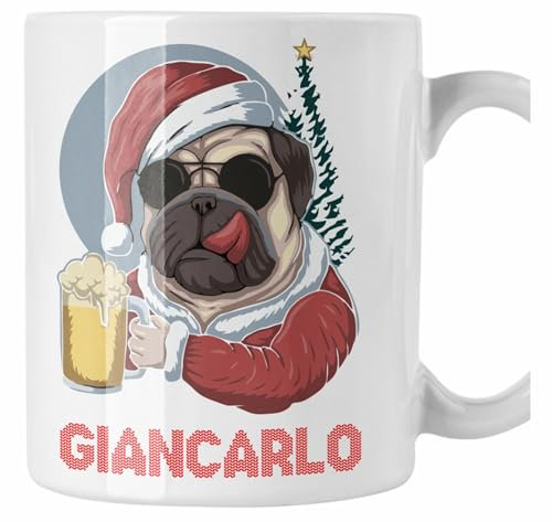 Colorfamily Tazza Natale PERSONALIZZABILE Carlino Dog Beer Personalizza con nome Merry Christmas Regalo Natale