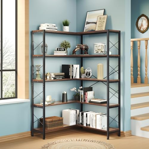 Wildhome 5-Regal eckregal stehend, Vintage industrielle eckregal Holz, Corner Shelf Regal mit Metallrahmen Offene Aufbewahrungsecke Schrank (Retro Brown-5 Regal) (Braun, 5-Etagen)