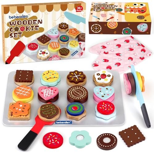 Beberolen Wooden Play Food, Wooden Biscuits Toy Kitchen Accessories and Tea Set for Toddlers, Toy Food Set for Kids Kitchen, Toy Picnic Set Cookie Bakery Role Play Toy for Children Boys Girls