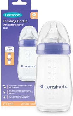 Lansinoh Anti Colic Baby Bottle - 240ml - NaturalWave® Medium Flow Teats Reduces Nipple Confusion + New Stackable Lid Breast Milk Storage Bottles Breastfeeding Bottle Feeding - Baby Bottles