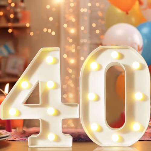 Chiffres décoratifs lumineux à DEL de 22,4 cm, numéros de chapiteau pour décoration de 40e anniversaire, panneau lumineux pour fête d'anniversaire, veilleuse, décoration d'intérieur, numéro 40, blanc