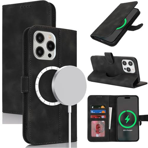 Zouzt Case for iPhone 15 Pro Max (6.7), [Compatible with MagSafe] Magnetic PU Leather Wallet Case with Card Holders and Kickstand, Wireless Charging Flip Folio Phone Cover - Vintage Black