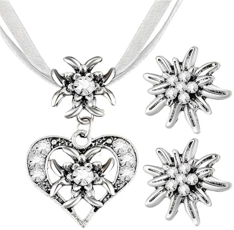 3 Stück Trachtenschmuck Set, Bayerisch Dirndlschmuck Trachtenkette Schmuck, Trachten Herz Anhänger und Strass Edelweiß Ohrstecker für Damen Oktoberfest Dirndl und Lederhose Accessoires(Silber)