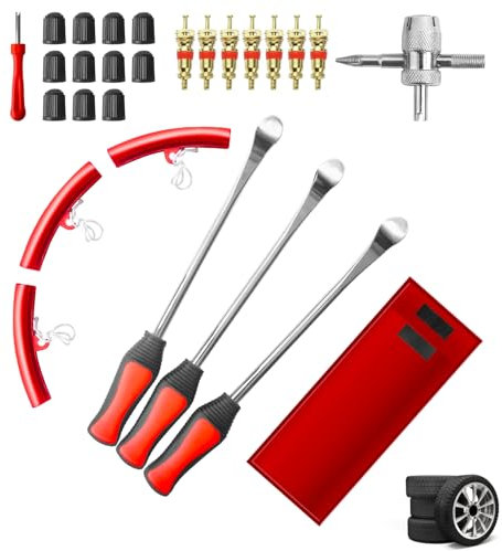 HPMAISON 12 Zoll Reifenheber, 26tlg. Reifenheber-Werkzeuglöffelsatz, Profi-Reifenwechsel-Löffel Hebel Stahl Werkzeugsatz mit 3 Felgenschützern Reifenlöffeln Werkzeugsatz für Motorrad Fahrrad Auto Reif