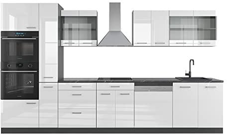 Vicco Küchenzeile R-Line, Weiß Hochglanz/Anthrazit, 350 cm mit Hochschrank