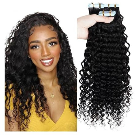 Tape-Extensions, Remy-Echthaar, schwarz, lockig, tief, lockig, Klebeband, Echthaar, gewellt, gewellt, 35,6 - 61 cm, Haarverlängerungen