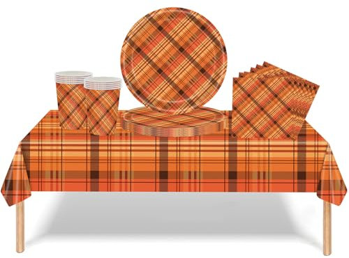 53Pcs Orange Checkered Thanksgiving Tableware Decorations,Harvest Autumn Plastic Table Cloth,Paper Cups Napkins Plates Orange Checkered Table Cover Dinnerware for Thanks Party Supplies Table Decor