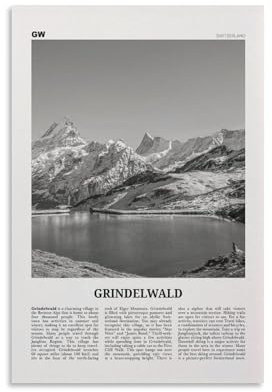 LZTEN Grindelwald Druck Schwarz und Weiß, Grindelwald Wandkunst, Grindelwald Poster, Grindelwald Foto Grindelwald Dekor Grindelwald Karte Schweiz Leinwand Wa