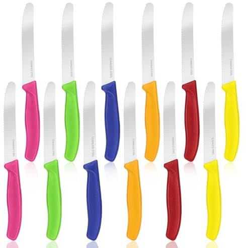 Sprifityy 12 pièces Couteaux à Steak, Couteaux de Table avec Bord Dentelé, Couteau a Steak Acier Inoxydable 22 Cm, Couteau de Table avec Manche Ergonomique pour Steak, Pain, Légumes(Coloré)