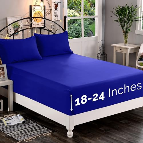 Elegant Comfort 1500 Premium Quality Fitted Sheet Ultra Soft 18-24 Inch Extra Deep Pocket - Single Fitted Sheet for High Mattress - Wrinkle Free with Smart Storage Pockets, Queen, Royal Blue
