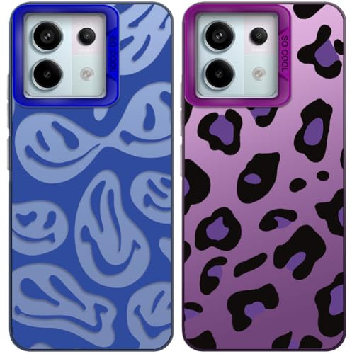 Tedyhulle 2 Pezzi Cover per Xiaomi Redmi Note 13 Pro 5G/POCO X6 5G 6,4, Leopard print e smiley face design, Copertura posteriore del PC dura Bumper Custodia protettiva antiurto - Viola + Blu