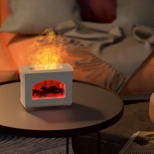 Zeroupshop Difusor de aceite esencial de llama 3D, humidificador de luz de llama de chimenea de 270 ml con temporizador, protección de apagado automático sin agua, difusor de chimenea (blanco)