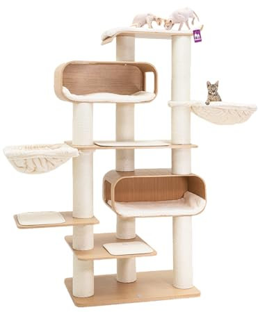 Petrebels Kratzbaum Holz, Virgo 196 cm, Design XXL Kratzbaum große Katzen, Eiche-Rustikal Look