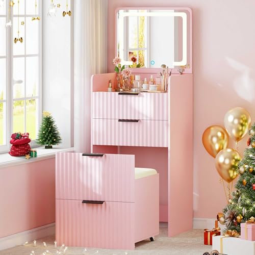 Gurexl Schminktisch mit LED-Spiegel, 3-Fach-Kosmetiktisch mit 3 Schubladen, gepolstertes Werkzeug und Hockerstuhl für Schlafzimmer (Rosa)