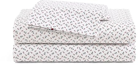 Tommy Hilfiger - Sheet Set, Cotton Percale Bedding with Matching Pillowcases, Crisp & Cool, Premium Quality Home Essentials (Atlantic Anchors Red, Twin XL)