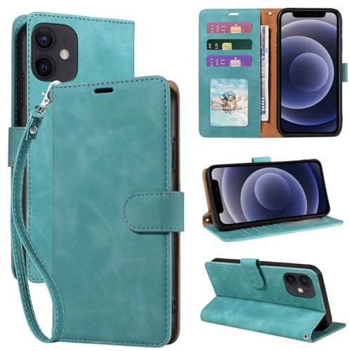 GOTOURED for iPhone 12 Mini Case Wallet, [RFID Blocking 3 Card Slots] [Wrist Strap] [Kickstand] Magnetic Shockproof Protective Leather Flip Cover 12 Mini Phone Case 2025 (Green)