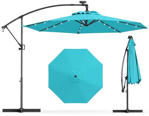 GOPLUS Sonnenschirm 300cm, Ampelschirm mit 32 Solar-LED-Lichtern, Gartenschirm höhenverstellbar & drehbar, Terrassenschirm mit Kurbel & Kreuzfuß, UV-Schutz, Marktschirm für Terrasse & Strand (Türkis)