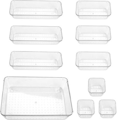 lovehai 10 Pcs Drawer Organizer Set, Makeup Organizer Tray for Drawers, Clear Cosmetics Container Tray for Office, Bedroom, Kitchen, Jewelries and Gadgets