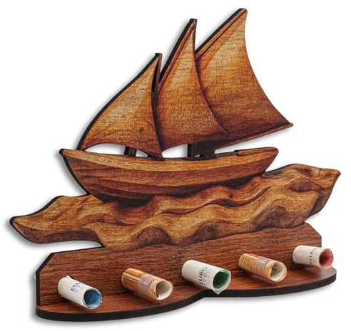 DRO Design Geldgeschenke, Geschenkverpackung Holz-Optik Segelboot Motiv – Bargeldgeschenk, Geldpräsent, Kreatives Geldgeschenk, Geburtstag, Hochzeit, Weihnachten