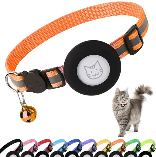 PWOD Airtag Katzenhalsband mit Glöckchen, reflektierendes Nylon-Kätzchenhalsband mit Apple Air-Tag-Halter und Sicherheitsschnalle für Welpen, Mädchen, Jungen, Katzen, 0,95 cm breit und leicht, Orange
