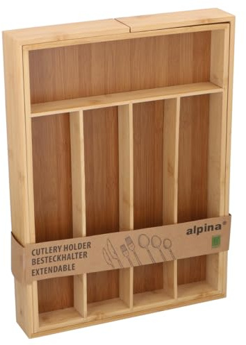 alpina Besteckkasten ausziehbar aus Bambus – Besteckeinsatz für Schubladen – Verstellbarer Organizer mit Fächern – Schubladeneinsatz für Küche und Büro