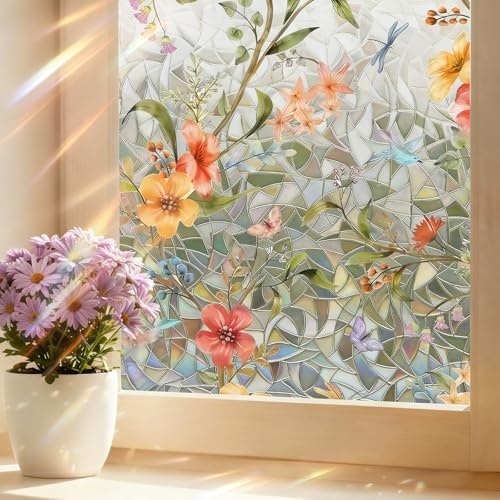 shinfly Fensterfolie Blickdicht Selbsthaftend | Sichtschutzfolie Fenster | Fensterfolie Bunt Statisch Haftend 44,5 x 200 cm | Stained Glass Window Film Anti-UV Für Büro Wohnzimmer Schlafzimmer Küche