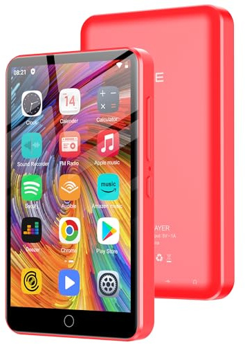80GB MP3 Player mit Bluetooth und WiFi, 4.0 Touchscreen MP3 Player für Kinder Eingebauter Lautsprecher, MP4 Player mit Spotify, Audible, Amazon Music, Deezer, Pandora, FM Radio, bis zu 1TB, Rot